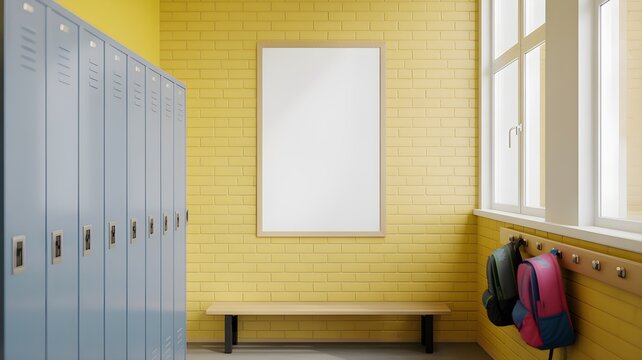 Blank vertical poster frame on a yellow brick wall in a school hallway