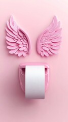Fototapeta premium Whimsical toilet paper with angel wings set against a pastel backdrop in a minimalistic design for serene home decor