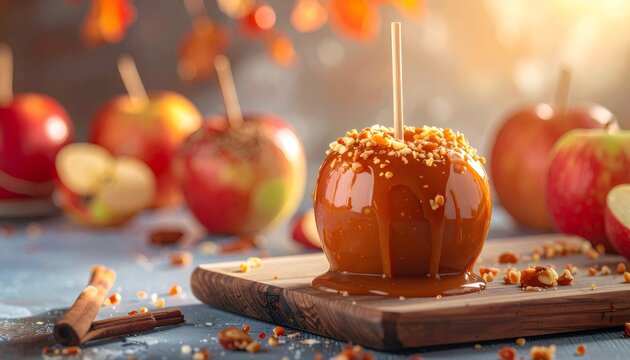 Caramel apple drizzling with nuts on cutting board