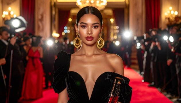 Glamorous woman posing on red carpet with paparazzi flashes