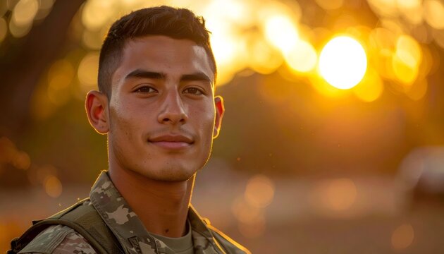 Young military veteran posing outdoors during golden hour