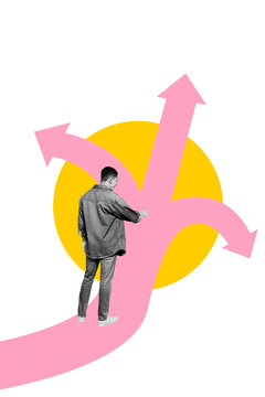 Vertical collage picture young man direction showing choose decide lost way path left right turn forward drawing background