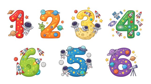 Colorful cartoon number set 1 to 6 with cute space doodles, planets, rockets, stars and playful patterns for preschool math learning, classroom posters, nursery decor, worksheets and kids crafts set!!