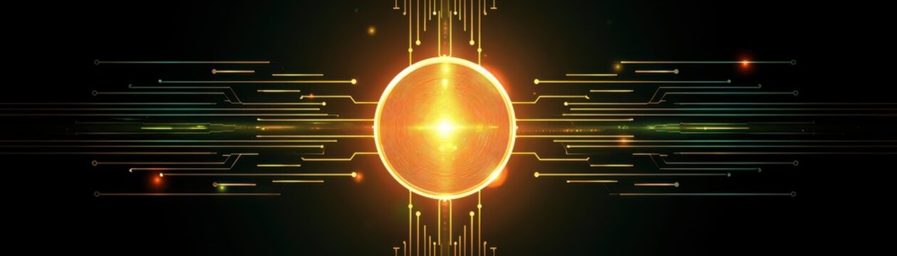 Glowing golden circle surrounded by intricate circuit board patterns on a black background