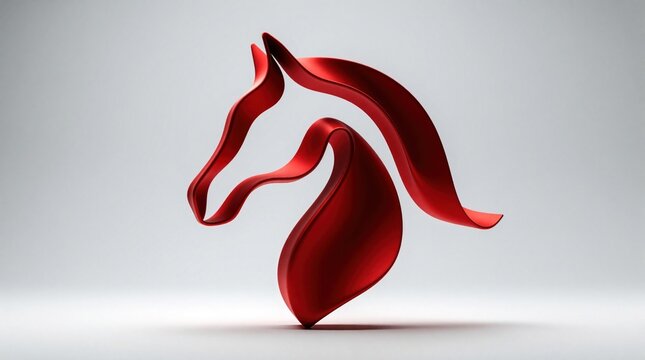 Red ribbon forms sleek horse head silhouette. Abstract symbol of strength, speed, and luck floats on light grey studio background. Minimalist 3D icon.
