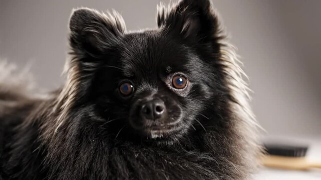 Luxurious Black Pomeranian Dog Gaze at Camera Close Up in Studio with a Brush in the Background