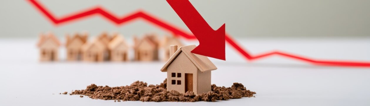 Miniature house model with a red downturn arrow pointing down representing real estate market crash