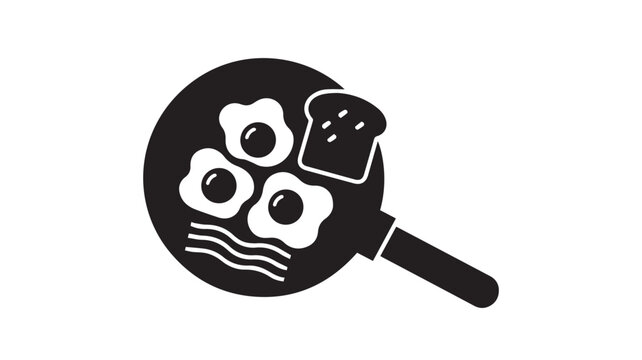 Frying pan breakfast icon includes fried eggs, toast slice, and crispy bacon strips.
