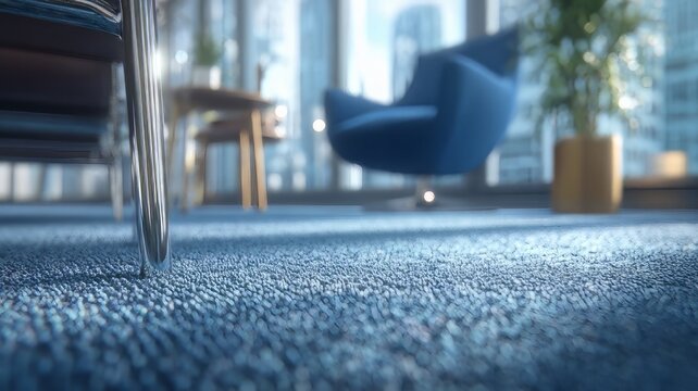 Modern blue office carpet texture, low angle view of corporate workspace flooring, blurred professional interior design