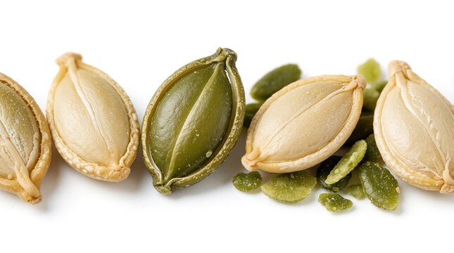 Whole and shelled pumpkin seeds scattered on white surface. Includes whole green pepitas and pale kernels ready for snacking or cooking. Healthy autumn harvest food.