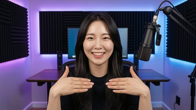 Portrait - Young Korean woman streaming with microphone in a studio