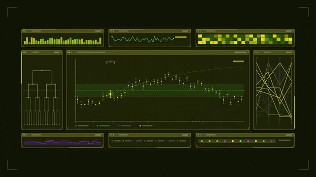 Abstract animated confidence interval whiskers around estimates drawn as green and teal lines and shapes on a deep dark background. Seamless looping 4K motion graphics video with free space for text, 