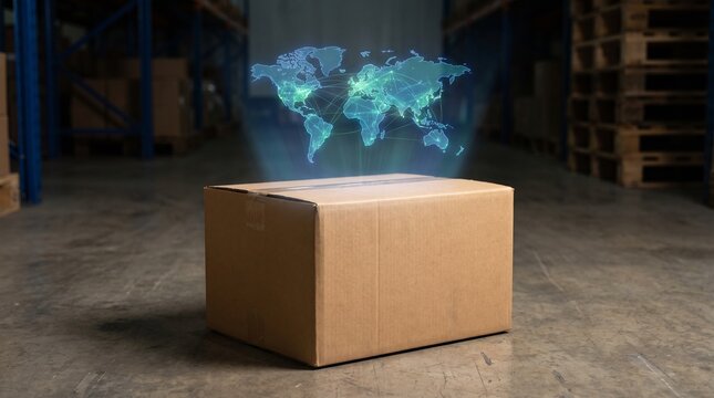 Future of Logistics Holographic World Map Projection on Package