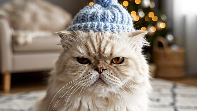 Cute persian cat with fluffy fur and a blue knitted hat in a festive holiday home setting