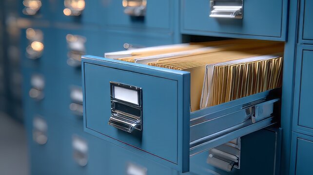 Vintage blue metal filing cabinet with open drawer, manila folders in office archive, industrial storage for document organization