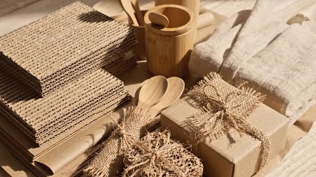 Eco friendly sustainable packaging and bamboo kitchenware set featuring natural materials like cardboard linen and jute twine for zero waste living