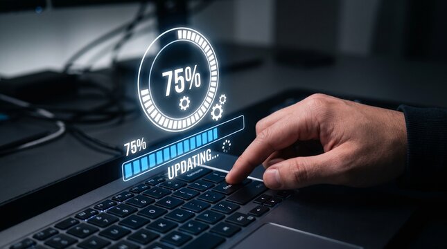 Digital software update progress bar glowing above laptop keyboard during professional computer system maintenance installation process
