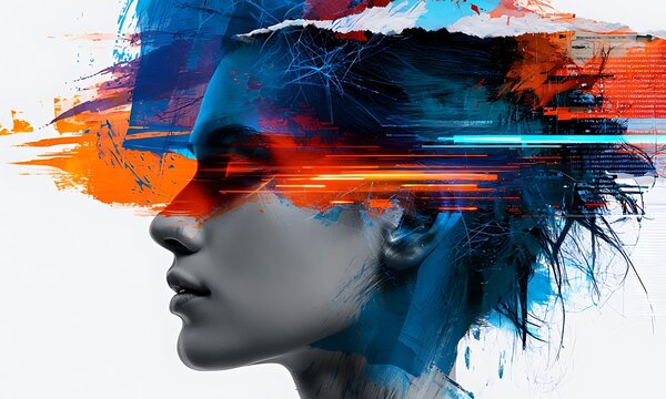 An eye-catching mixed media collage featuring  black and white profile portrait of  woman integrated with vibrant colorful abstract paint brush strokes, neural network patterns, digital data glitches.