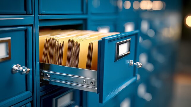 Vintage blue filing cabinet with open drawer, manila folders in office archive, retro metal document storage for data organization