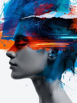 An eye-catching mixed media collage featuring  black and white profile portrait of  woman integrated with vibrant colorful abstract paint brush strokes, neural network patterns, digital data glitches.