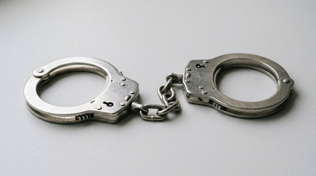 Metal Handcuffs Linked Together on a Light Gray Background