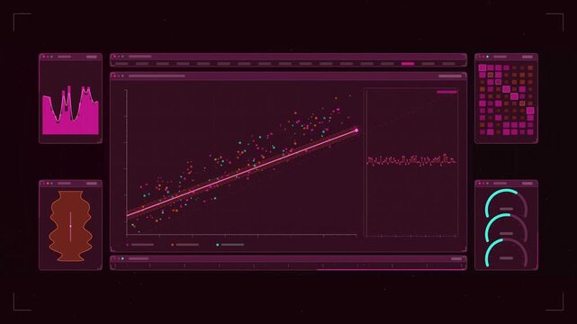 Abstract animated regression analysis fit residual panel drawn as violet and blue lines and shapes on a deep dark background. Seamless looping 4K motion graphics video with free space for text, ideal 