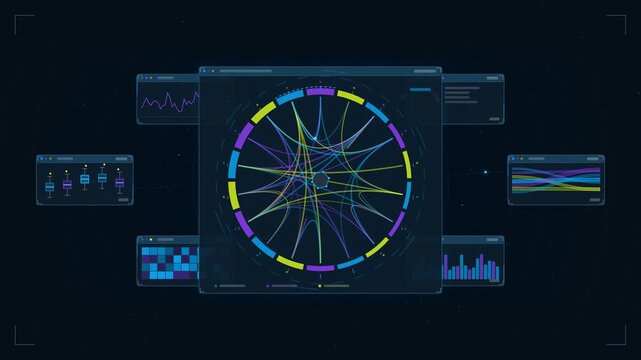 Abstract animated chord diagram flows highlighting exchange drawn as blue and cyan lines and shapes on a deep dark background. Seamless looping 4K motion graphics video with free space for text, ideal