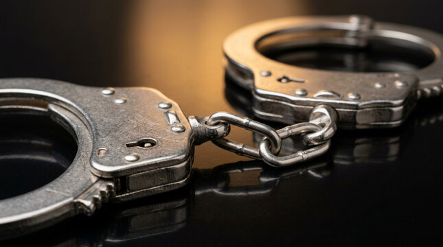Metal Handcuffs Close Up, Crime Concept, Justice Symbol, Security Equipment