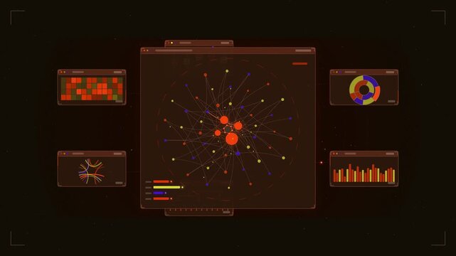Abstract animated network centrality hubs sized larger drawn as amber and orange lines and shapes on a deep dark background. Seamless looping 4K motion graphics video with free space for text, ideal f