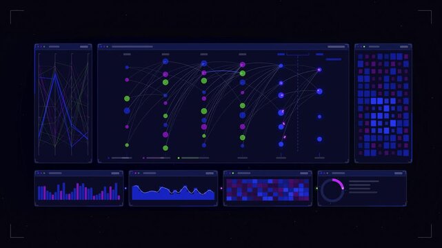 Abstract animated causal graph arrows propagating effect drawn as blue and cyan lines and shapes on a deep dark background. Seamless looping 4K motion graphics video with free space for text, ideal fo