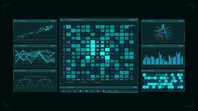 Abstract animated correlation matrix cells highlighting clusters drawn as cyan and teal lines and shapes on a deep dark background. Seamless looping 4K motion graphics video with free space for text, 