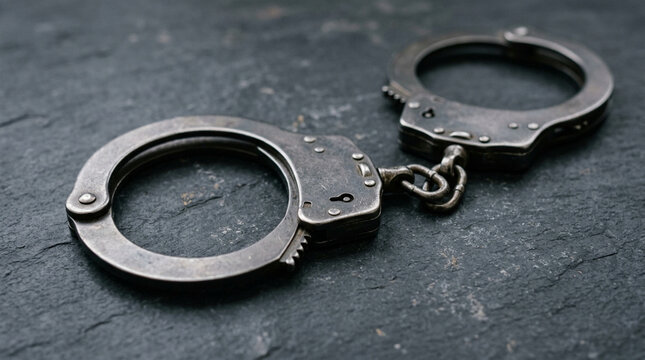 Metallic Handcuffs on Dark Textured Surface - Crime, Justice, Security Concept