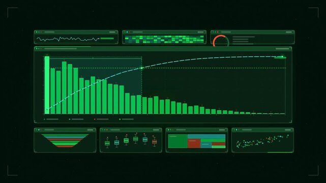 Abstract animated pareto chart bars cumulative cutoff drawn as green and teal lines and shapes on a deep dark background. Seamless looping 4K motion graphics video with free space for text, ideal for 