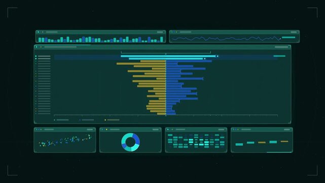 Abstract animated tornado chart factors sorted swing drawn as cyan and teal lines and shapes on a deep dark background. Seamless looping 4K motion graphics video with free space for text, ideal for da
