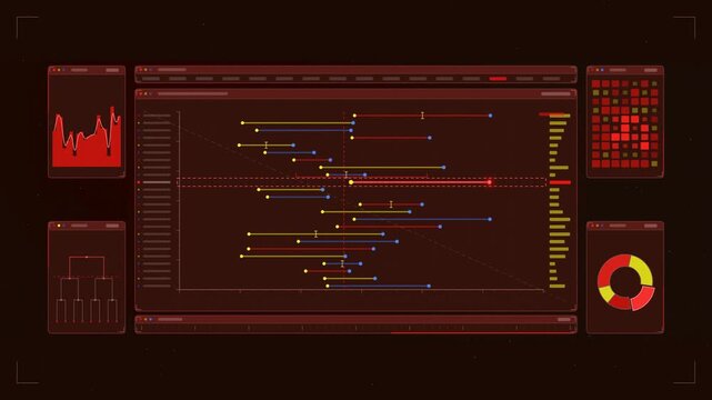 Abstract animated dumbbell chart pairs showing delta drawn as coral and magenta lines and shapes on a deep dark background. Seamless looping 4K motion graphics video with free space for text, ideal fo