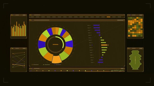 Abstract animated market share ring with momentum drawn as yellow and gold lines and shapes on a deep dark background. Seamless looping 4K motion graphics video with free space for text, ideal for das