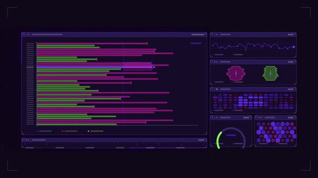 Abstract animated benchmark comparison against peer baseline drawn as violet and blue lines and shapes on a deep dark background. Seamless looping 4K motion graphics video with free space for text, id