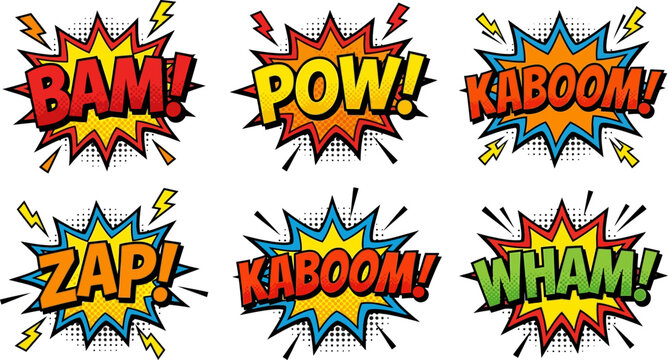 Comic explosion effects featuring BAM, POW, KABOOM, ZAP and WHAM bold lettering with halftone dots, lightning bolts and retro vector