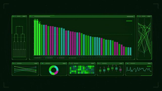 Abstract animated ranking chart columns swapping order drawn as green and teal lines and shapes on a deep dark background. Seamless looping 4K motion graphics video with free space for text, ideal for