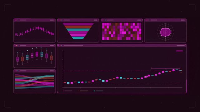 Abstract animated waterfall chart steps from baseline drawn as violet and blue lines and shapes on a deep dark background. Seamless looping 4K motion graphics video with free space for text, ideal for