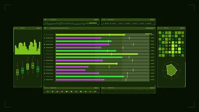 Abstract animated bullet chart targets qualitative zones drawn as green and teal lines and shapes on a deep dark background. Seamless looping 4K motion graphics video with free space for text, ideal f