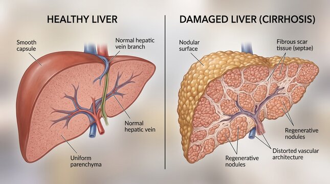 Comparison Illustration Healthy Versus Damaged Liver Medical Concepts.