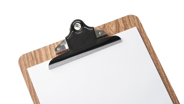 Wooden clipboard with blank white paper and black metal clip, isolated on transparent background