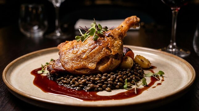 Gourmet roasted duck leg confit served on a bed of savory lentils with a rich dark glaze and fresh microgreen garnish in a fine dining setting