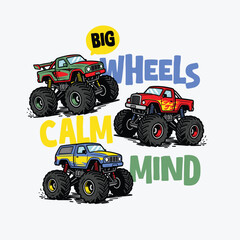 Three Monster Trucks with Big Wheels Calm Mind Cartoon Illustration  © atap