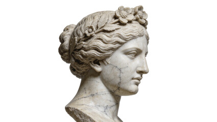 Fototapeta premium Marble bust of a woman with a floral wreath, isolated on transparent background