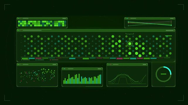 Abstract animated hexbin map cells aggregating peaks drawn as green and teal lines and shapes on a deep dark background. Seamless looping 4K motion graphics video with free space for text, ideal for d