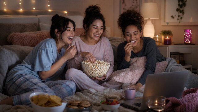 Sleepover lifestyle scene featuring popcorn bowl, casual snacks and joyful friends, focused on movie night, connection and indoor fun.