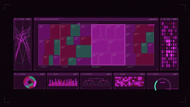 Abstract animated treemap nested rectangles resizing shares drawn as violet and blue lines and shapes on a deep dark background. Seamless looping 4K motion graphics video with free space for text, ide