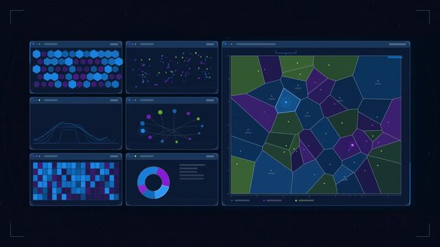 Abstract animated voronoi diagram cells shifting seeds drawn as blue and cyan lines and shapes on a deep dark background. Seamless looping 4K motion graphics video with free space for text, ideal for 